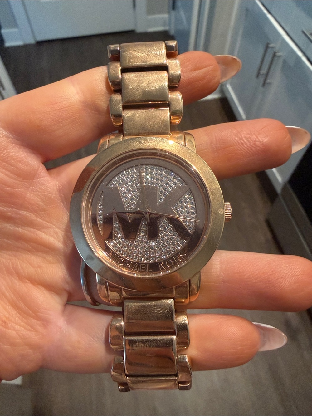 Michael Kors Women’s Rose Gold-tone Crystal MK Logo Bracelet Watch